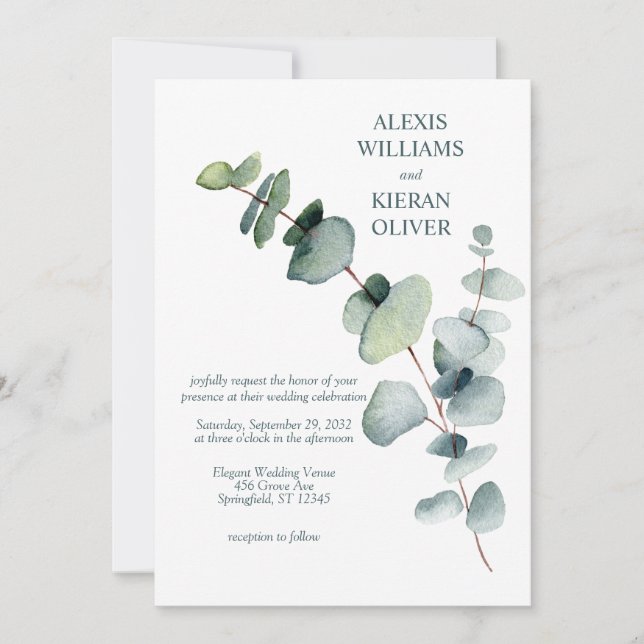 Simple Modern Minimal Eucalyptus Branch Wedding Invitation (Front)
