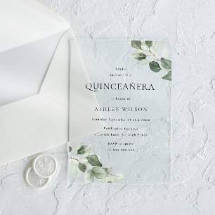 Simple Modern Minimal Green Leaf Quinceanera Party Acrylic Invitations