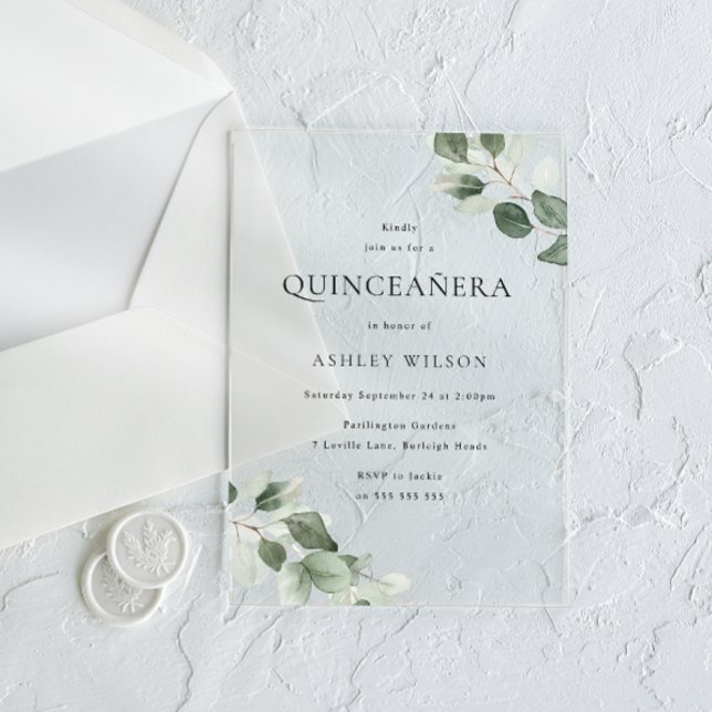 Simple Modern Minimal Green Leaf Quinceanera Party Acrylic Invitations (Creator Uploaded)