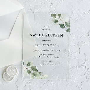Simple Modern Minimal Green Leaf Sweet 16 Party Acrylic Invitations