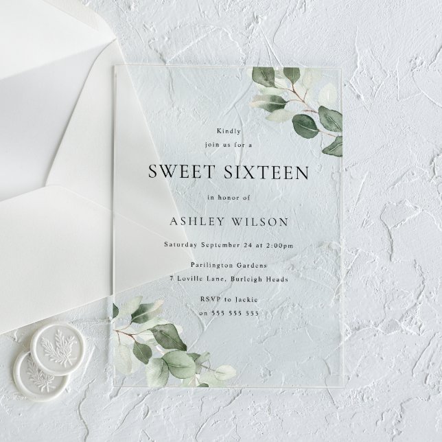 Simple Modern Minimal Green Leaf Sweet 16 Party Acrylic Invitations (Creator Uploaded)