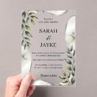Simple Modern Minimal Green Leaf Wedding Acrylic  Acrylic Invitations