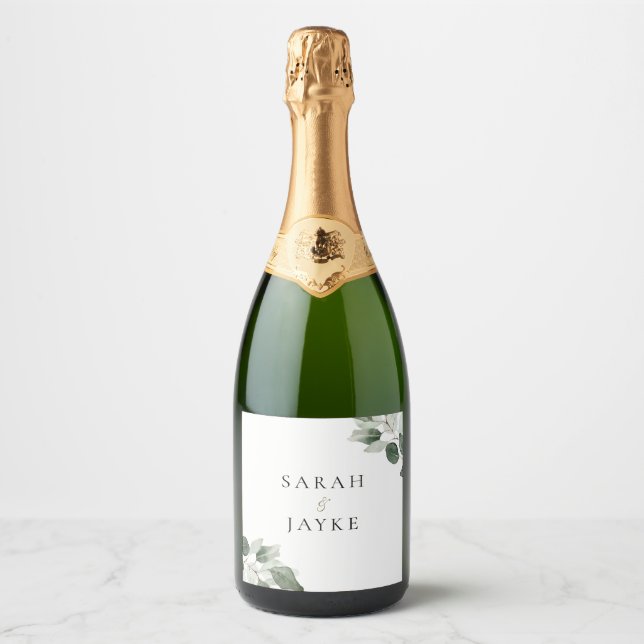Simple Modern Minimal Green Leaf Wedding Sparkling Wine Label (Front)