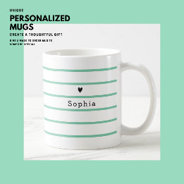 Simple Modern Minimal Heart Green Stripe Monogram Coffee Mug
