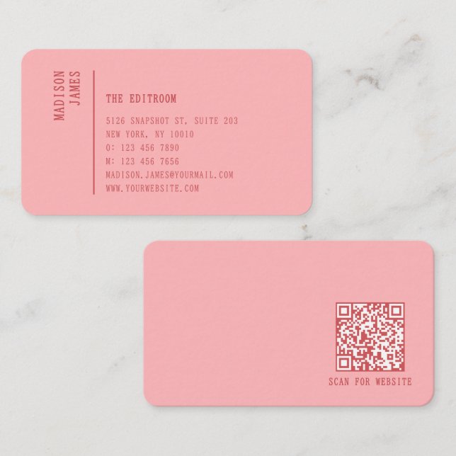 Simple Modern Minimal Pink QR Code Business Card (Front/Back)