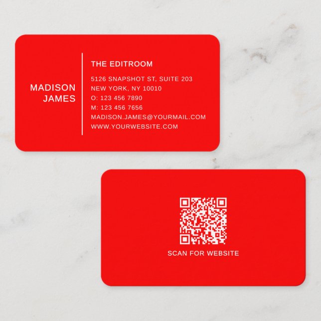 Simple Modern Minimal Red White QR Code Business Card (Front/Back)