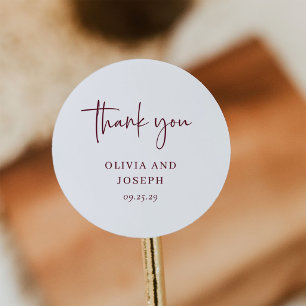 Simple Modern Minimal White and Burgundy Wedding Classic Round Sticker