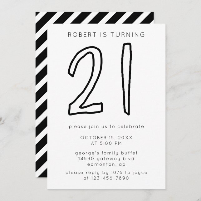 Simple Modern Minimalist 21st Birthday Stripes Invitation (Front/Back)