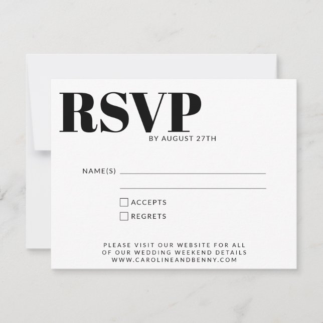 Simple Modern Minimalist Black and White Details RSVP Card (Front)
