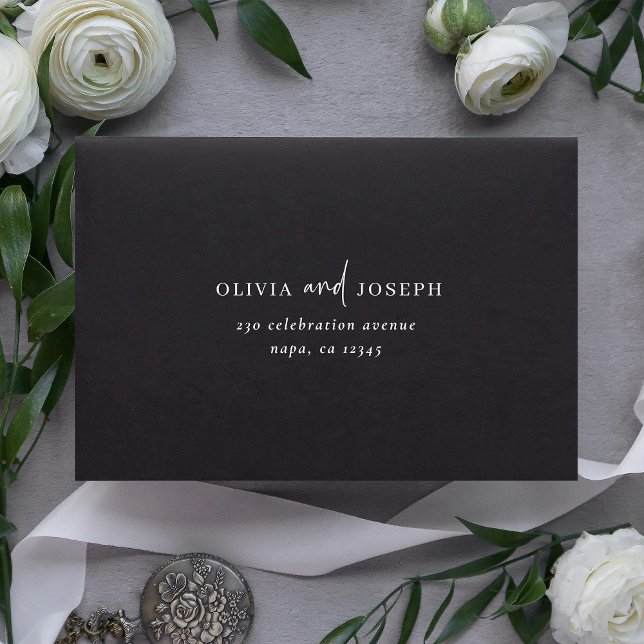 Simple Modern Minimalist Black Self-Addressed RSVP Envelope (A modern and minimalist, self-addressed wedding rsvp envelope in dark black)