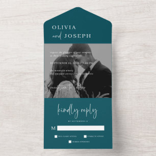 Simple Modern Minimalist   Deep Teal Photo Wedding All In One Invitation