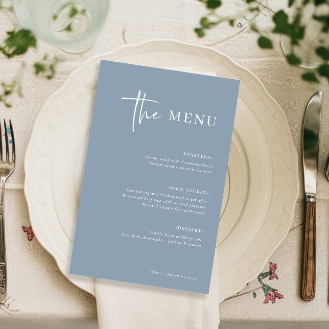 Simple Modern Minimalist | Dusty Blue Wedding Menu (A modern and minimalist dusty blue wedding menu)