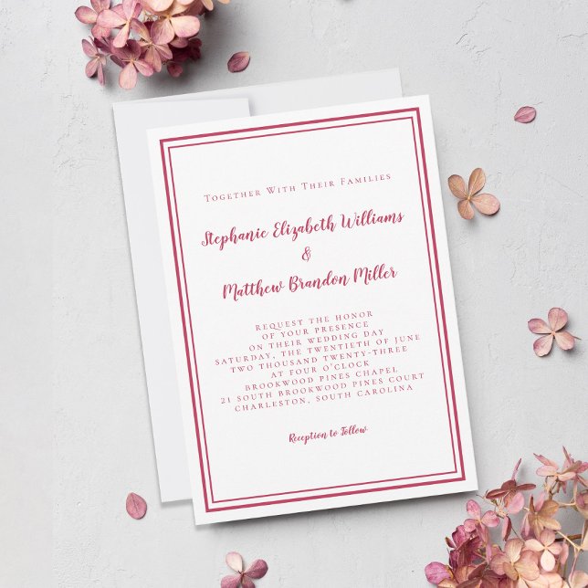 Simple Modern Minimalist Magenta Red White Wedding Invitation (Creator Uploaded)
