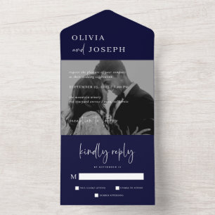 Simple Modern Minimalist   Navy Blue Photo Wedding All In One Invitation