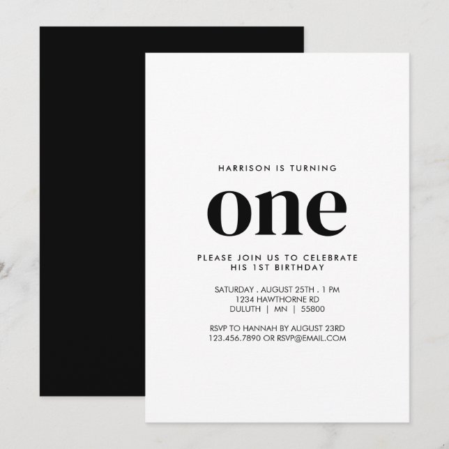 Simple Modern Minimalist One Year First Birthday Invitation (Front/Back)