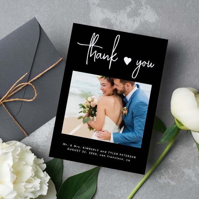 Simple modern minimalist photo black wedding  thank you card (Creator Uploaded)