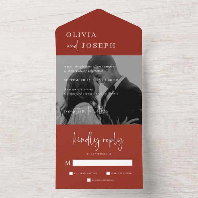 Simple Modern Minimalist | Rich Red Photo Wedding All In One Invitation (Inside)