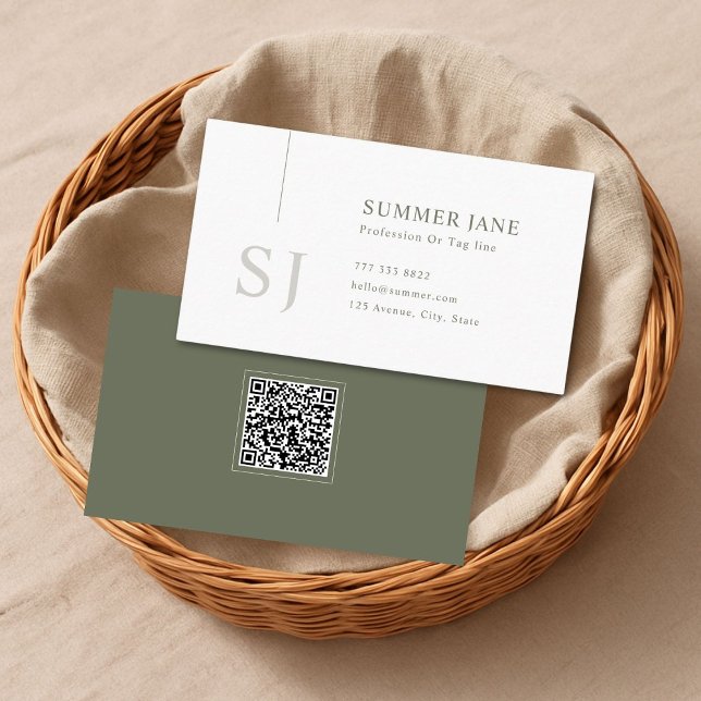 Simple Modern Minimalist Sage Green QR Code  Business Card (Creator Uploaded)