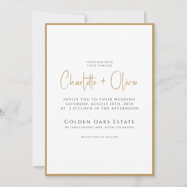 Simple Modern Minimalist Script Gold Border Invitation (Front)