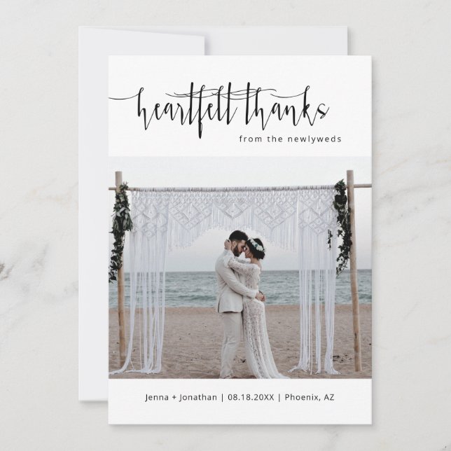 Simple Modern Minimalist Script Wedding Photo Flat Thank You Card (Front)
