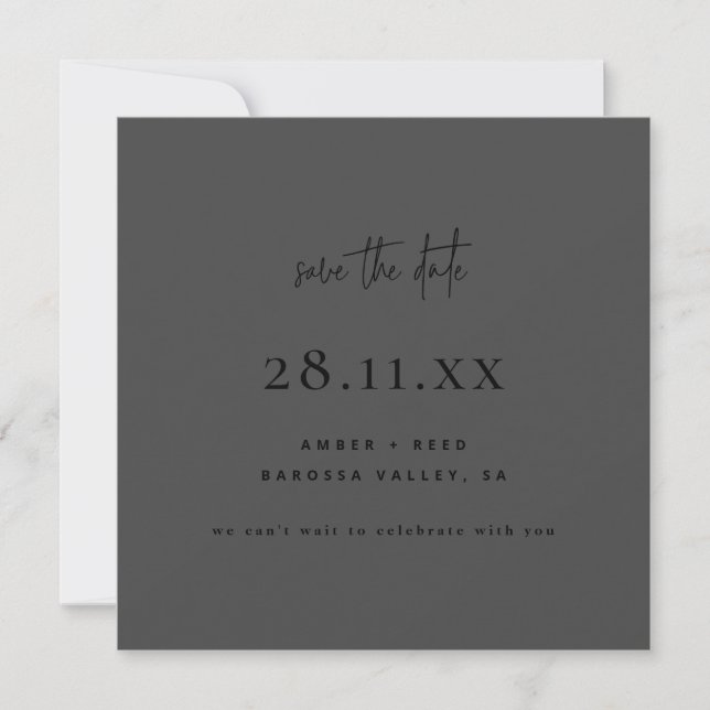 Simple Modern Minimalist Square All Black Script Save The Date (Front)