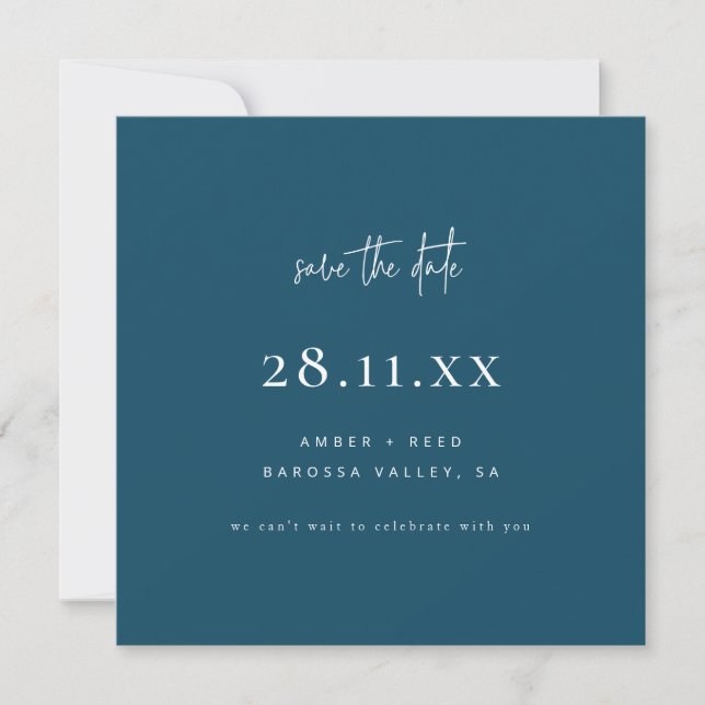 Simple Modern Minimalist Square Peacock Blue Save The Date (Front)