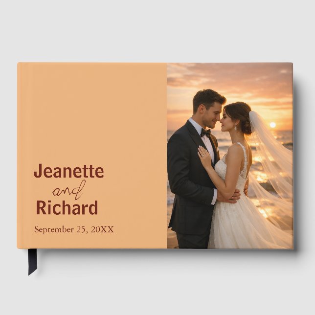 Simple Modern Minimalist Sunset Beach Wedding  Guest Book (Front)