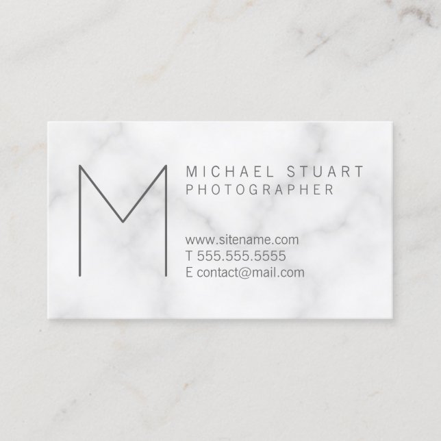 Simple Modern Minimalist White Marble Monogram Business Card (Front)