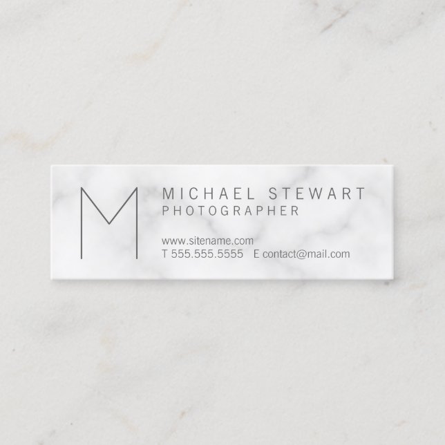 Simple Modern Minimalist White Marble Monogram Mini Business Card (Front)