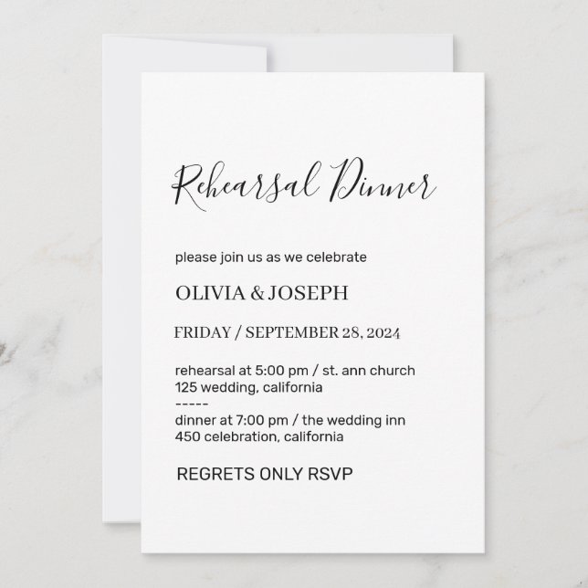 Simple Modern & Minimalist White Rehearsal Dinner  Invitation (Front)