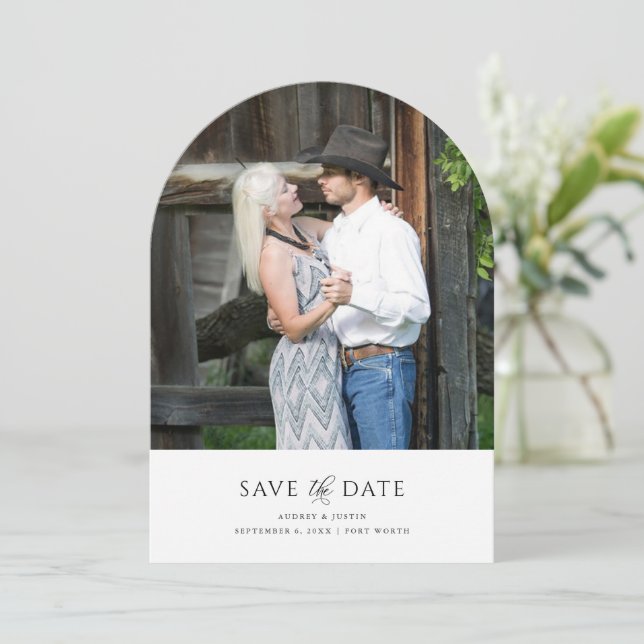 Simple Modern Mixed Fonts Arched Photo Save The Date (Standing Front)