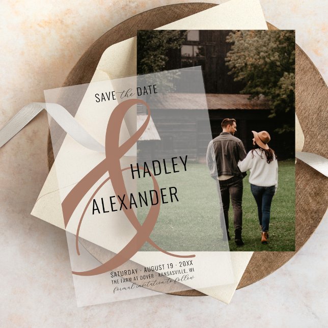 Simple Modern MOCHA Overlay Wedding Save the Date Vellum Invitations (Simple elegant script mocha mousse brown ampersand modern vellum overlay wedding save the date card)