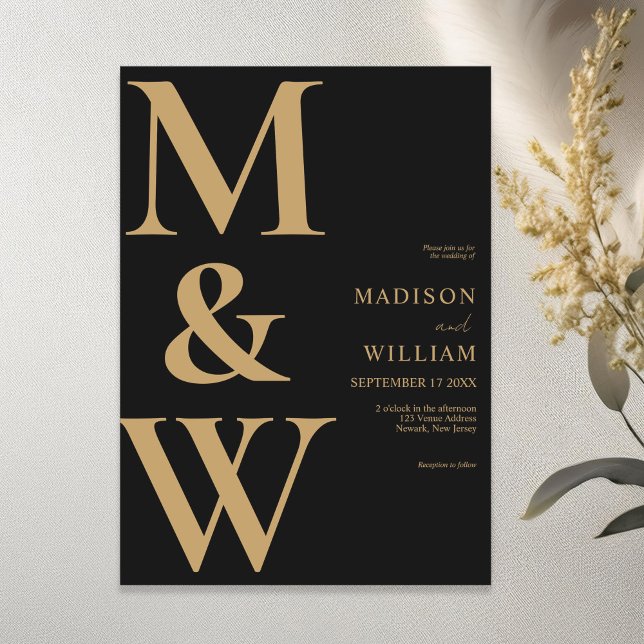 Simple Modern Monogram Black and Tan Wedding Invitation (Creator Uploaded)