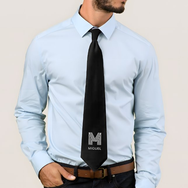 Simple Modern Monogram Black and White Tie (Creator Uploaded)
