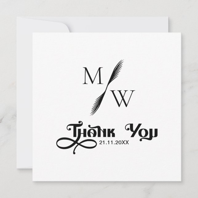 Simple Modern Monogram Black Script Wedding Thank You Card (Front)