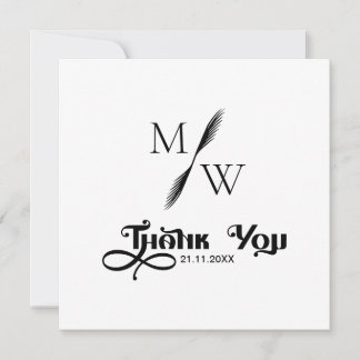Simple Modern Monogram Black Script Wedding Thank You Card