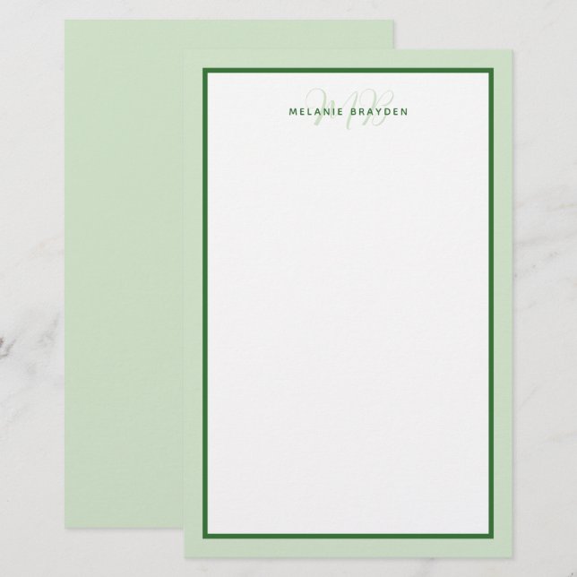 Simple Modern Monogram Green Two Tone Border  Stationery (Front/Back)