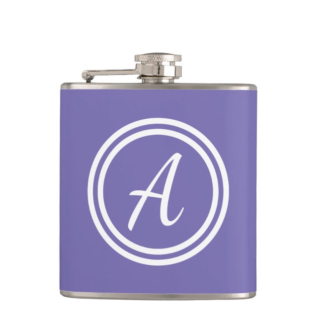 Simple Modern Monogram Initial Purple & White Hip Flask (Front)
