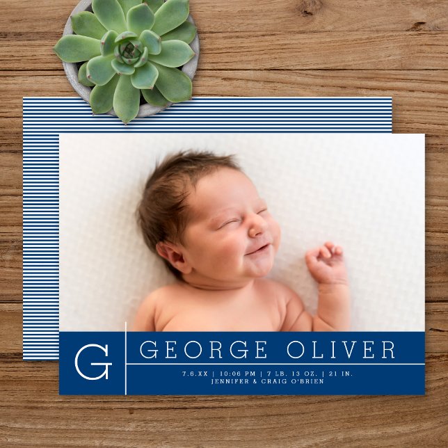 Simple Modern Monogram Navy Blue Photo Birth Announcement (Creator Uploaded)