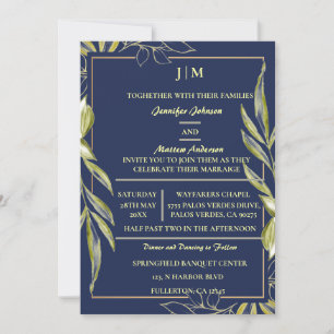Simple Modern Monogram Olive Branch Navy Invitation