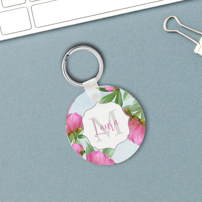 Simple Modern Monogram Personalised Key Ring (Pink monogram keychain with pretty peonies. )