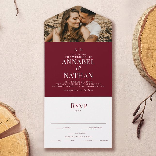 Simple Modern Monogram & Photo Cranberry Wedding All In One Invitation (Creator Uploaded)