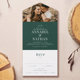 Simple Modern Monogram & Photo Forest Green All In One Invitation