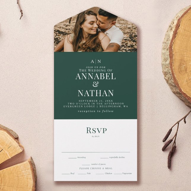 Simple Modern Monogram & Photo Forest Green All In One Invitation (Creator Uploaded)