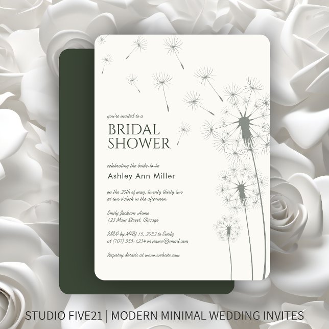 Simple Modern Moss Green Dandelion Bridal Shower Invitation (Creator Uploaded)