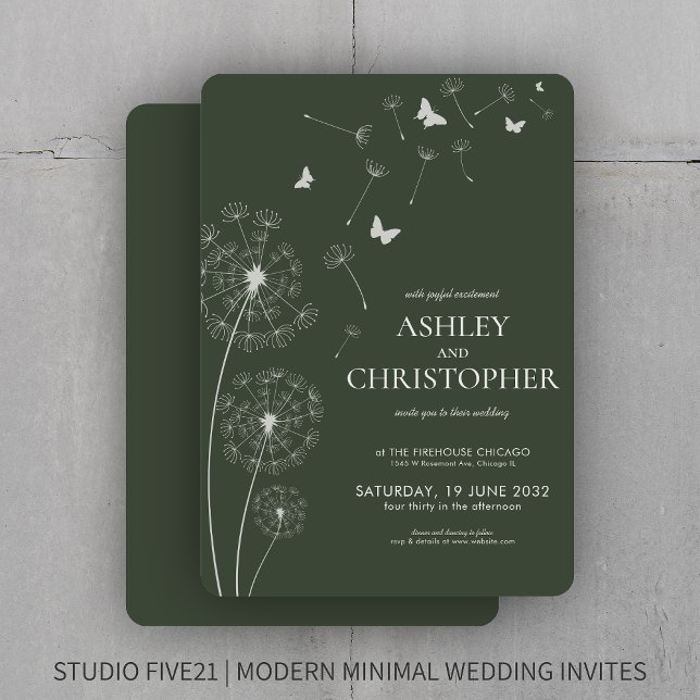 Simple Modern Moss Green Dandelion Wedding Invitation (Creator Uploaded)