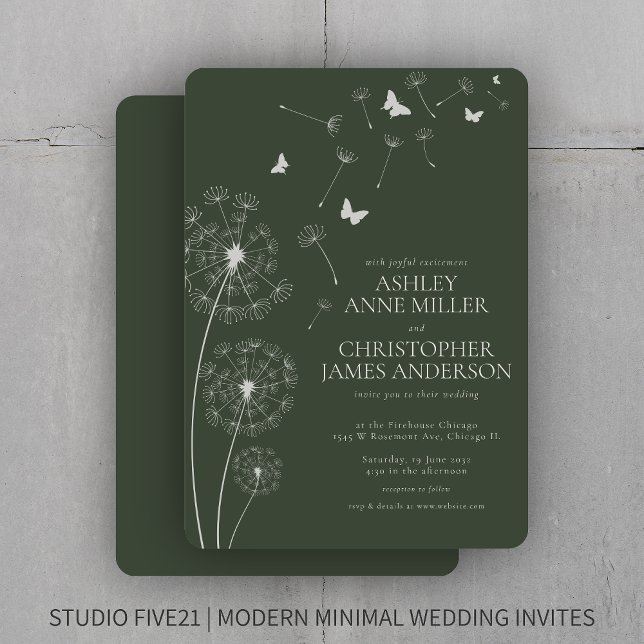 Simple Modern Moss Green Dandelion Wedding Invitation (Creator Uploaded)