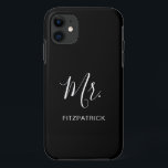 Simple Modern Mr Groom Newlywed Elegant iPhone 11 Case<br><div class="desc">Simple phone case with "Mr." in an elegant script along with your last name in white over a black background.  This modern phone case makes a great wedding gift for a groom.</div>