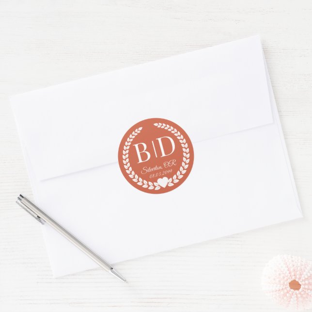 Simple Modern Muted Sienna Orange Monogram Classic Round Sticker (Envelope)