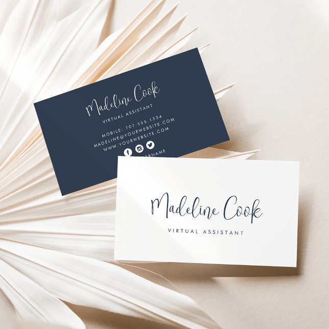 Simple Modern Navy Blue Calligraphy Social Media Business Card (Creator Uploaded)